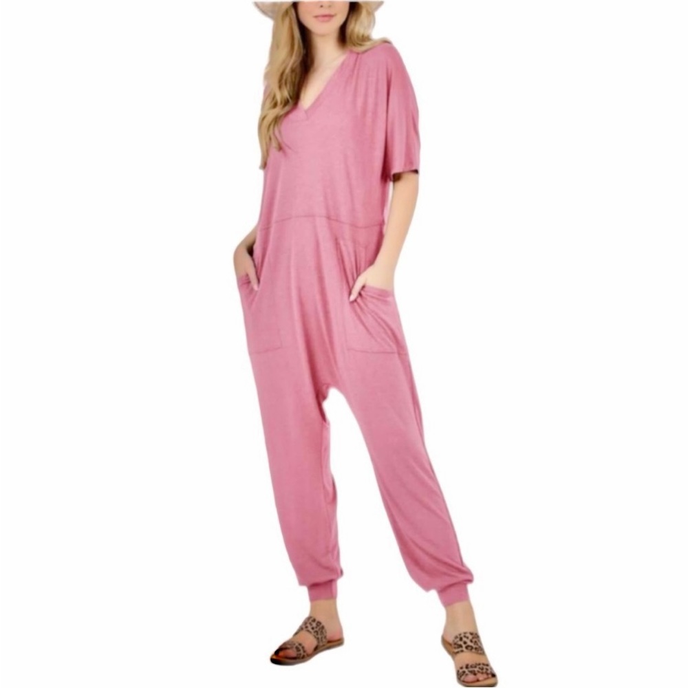 BOHO JUMPSUIT WITH POCKETS - DUST BLUSH PINK - Picture 1 of 4